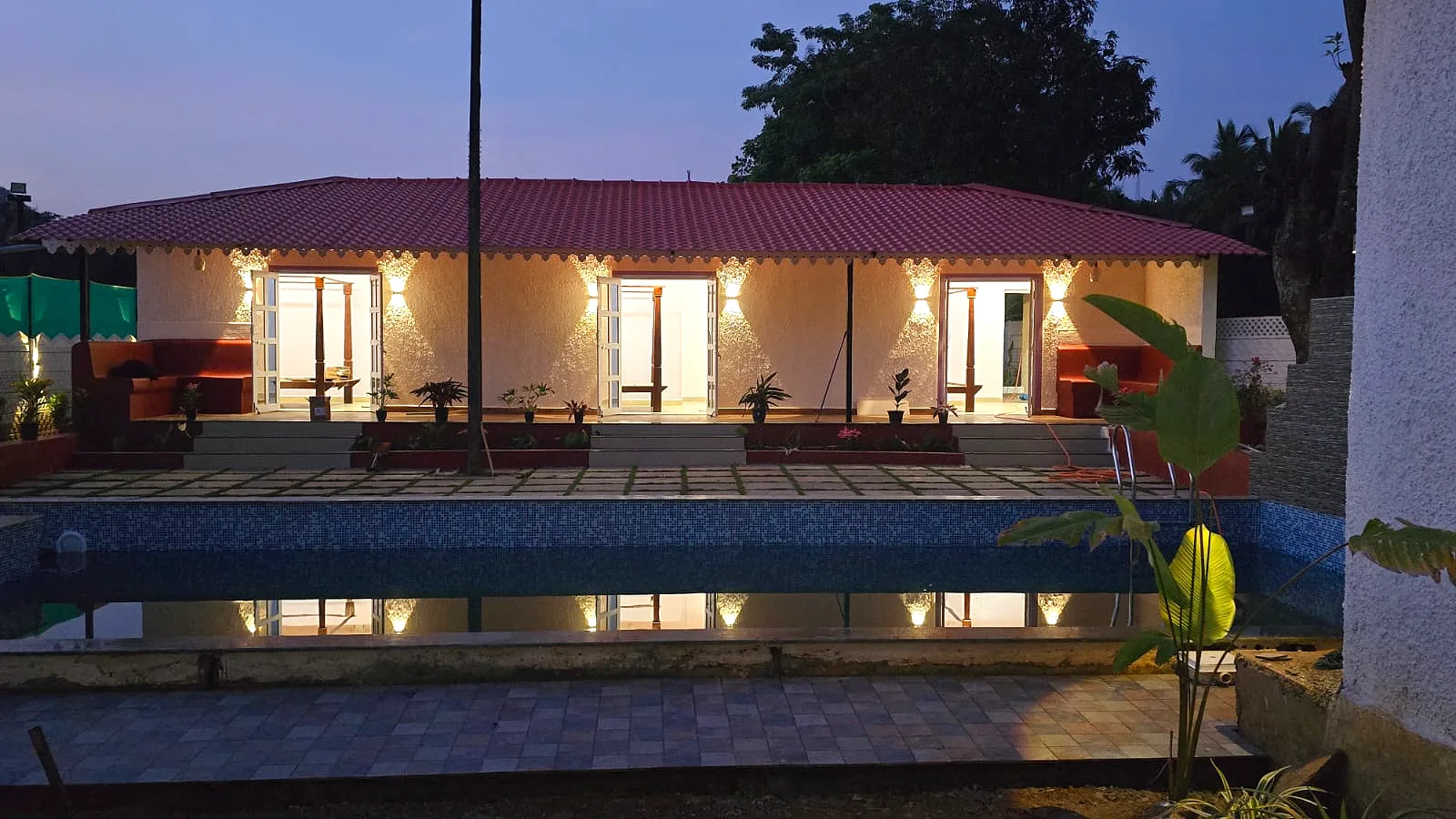 Evening view across the pool terrace